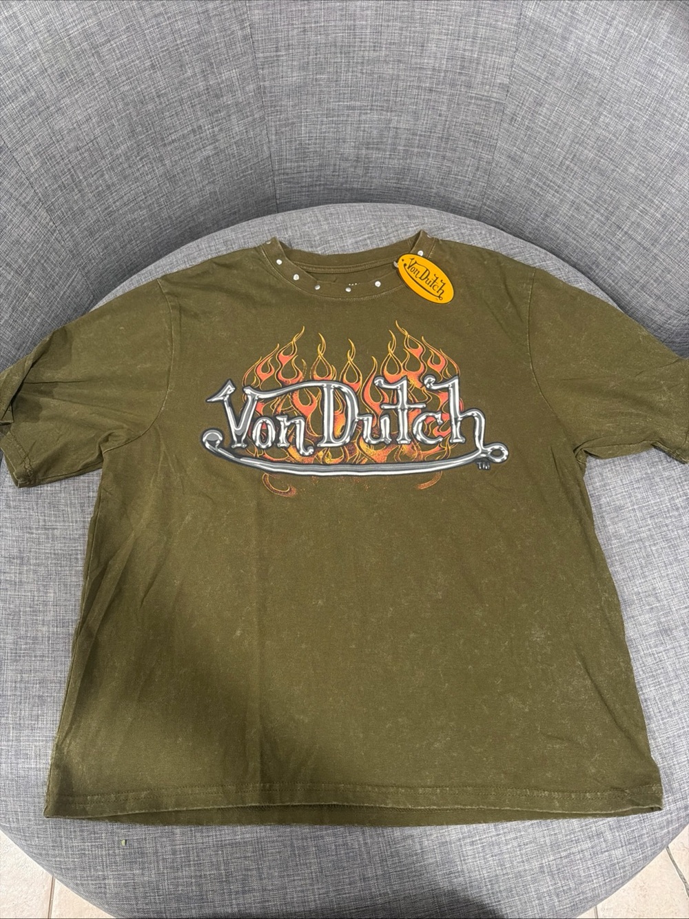 Von Dutch Olive Green Short Sleeve Tee with Flame Logo
